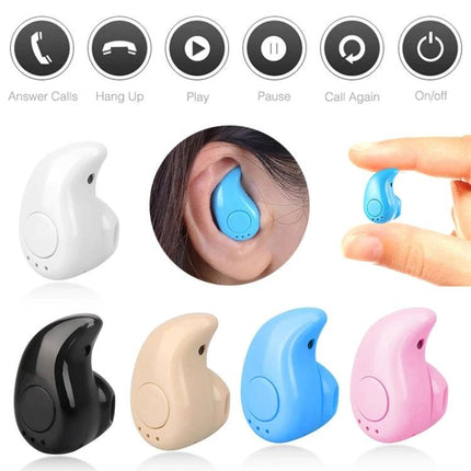Mini In-Ear Sport Bluetooth Earbuds With Mic For Commuting single compact wireless earbud shown in ear and multiple colors