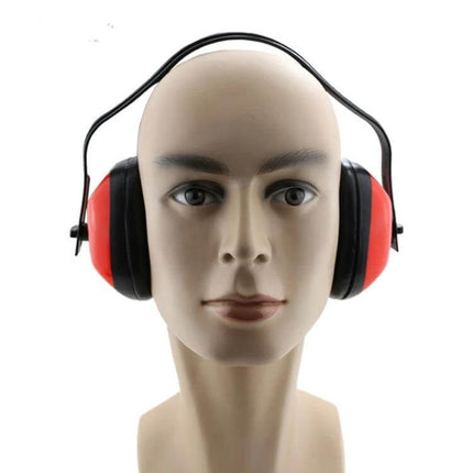 Red Anti-Noise Earmuffs for Factory and Construction Protection on mannequin, red over-ear hearing protection for noisy work sites