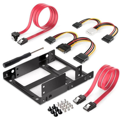 Metal Mounting Kit for 2.5-Inch Hard Drives in 3.5-Inch Bays - black metal dual 2.5" drive adapter with SATA cables, power adapters and screws