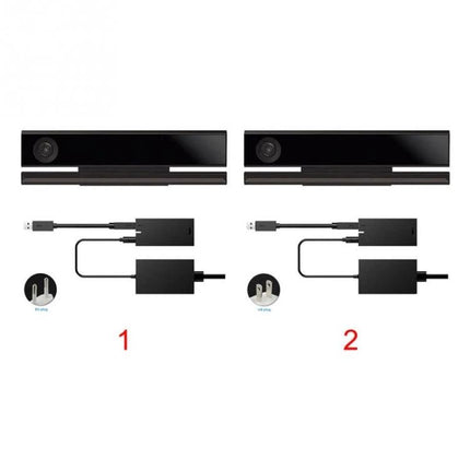 RV77 Kinect 2.0 USB Adapter for Xbox One and Windows PC shown with Kinect sensor and power/USB cables for Windows 8/8.1/10 and Xbox One