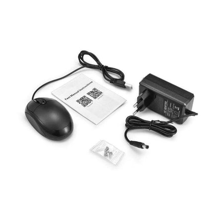Compact Network Video Recorder for Home Security Monitoring accessories kit with USB mouse, power adapter, screws and quick start guide