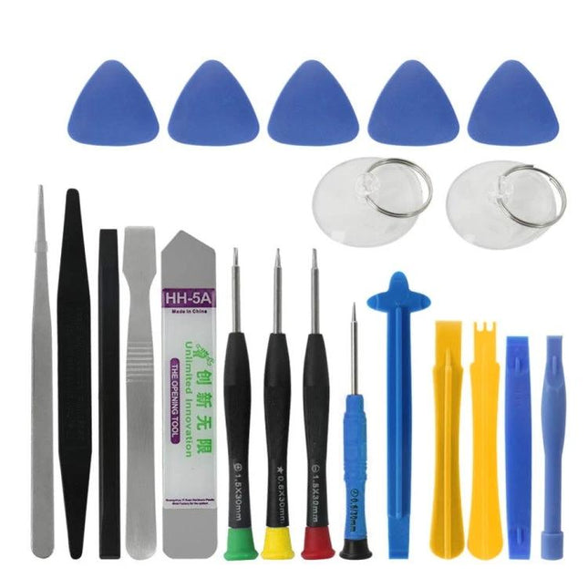 21-Piece Mobile Phone Repair Tool Kit for iPhones and Tablets with screwdrivers, pry tools, tweezers and suction cups for screen and battery repairs