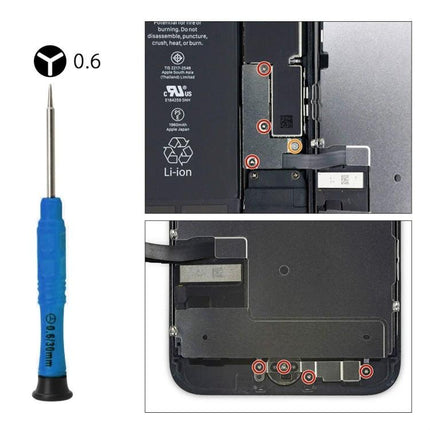 21-Piece Mobile Phone Repair Tool Kit for iPhones and Tablets showing T6 screwdriver and internal iPhone screws for screen and battery repair