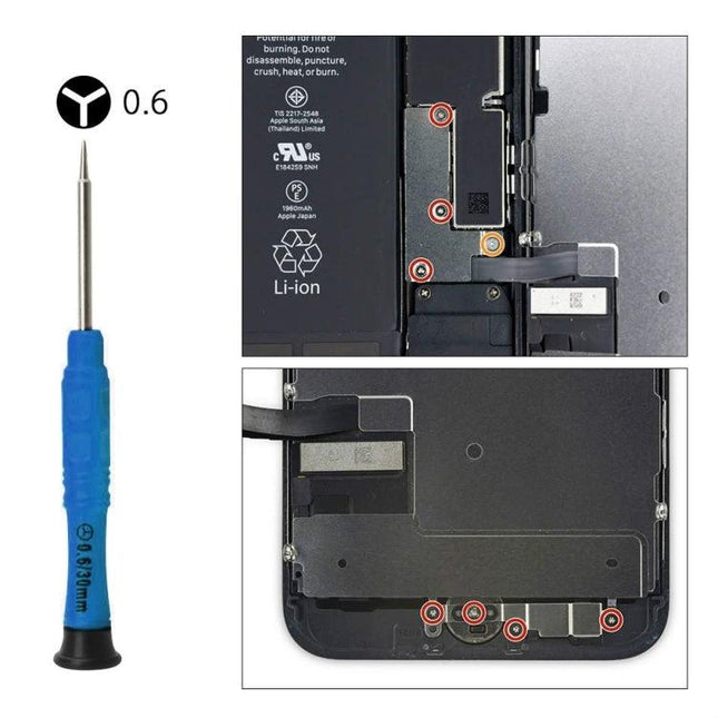 21-Piece Mobile Phone Repair Tool Kit for iPhones and Tablets showing T6 screwdriver and internal iPhone screws for screen and battery repair
