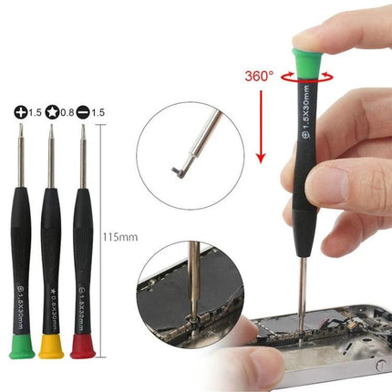 21-Piece Mobile Phone Repair Tool Kit for iPhones and Tablets precision screwdrivers set showing three drivers and one in use on an iPhone screen