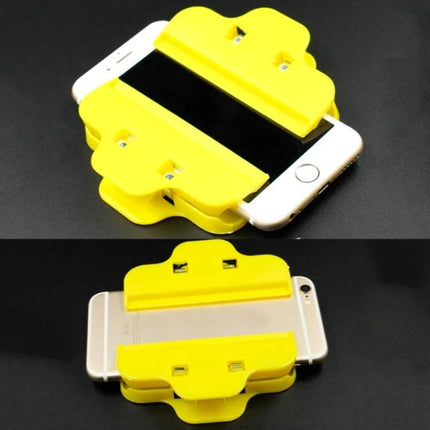 Set of 10 Plastic Clips for Mobile Phone Screen Repairs holding phone halves together during adhesive curing, yellow lightweight 10cm clips