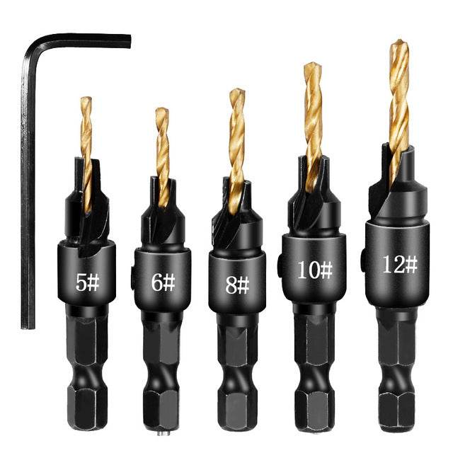 5 PCS/Set Countersink Woodworking Drill Bit Set Hexagon Screw Hardware Tool, Gold, Silver - Syndmart