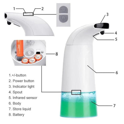 Household Automatic Foam Soap Dispenser for Daily Hand Washing - white touchless foam soap dispenser with infrared sensor, spout, indicator light, battery compartment and liquid reservoir