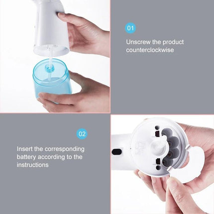 Household Automatic Foam Soap Dispenser for Daily Hand Washing showing hands unscrewing reservoir and inserting batteries, touchless setup instructions