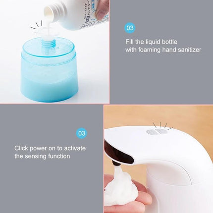 Household Automatic Foam Soap Dispenser for Daily Hand Washing showing filling bottle and touchless foam dispensing for hygienic kitchen or bathroom use