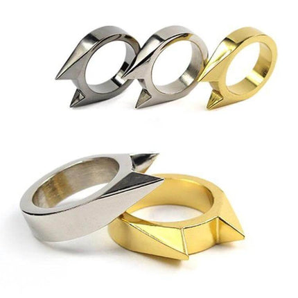 Stainless Steel Self-Defense Ring for Everyday Personal Safety shown in silver and gold durable corrosion-resistant compact design