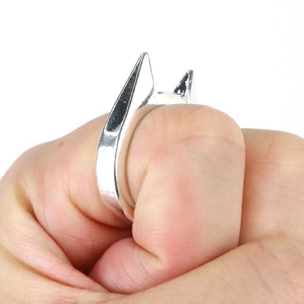 Stainless Steel Self-Defense Ring for Everyday Personal Safety shown worn on knuckle, compact corrosion-resistant stainless steel design