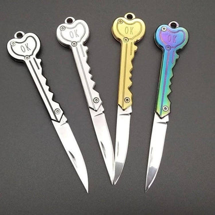 Practical Foldable Mini Key Knife for Outdoor and Everyday Tasks - four compact key-shaped folding knives in silver, gold, and rainbow finishes