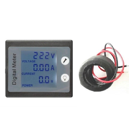 Peacefair Digital Meter for AC Voltage and Current Monitoring - panel display shows 222V, 0.00A with split-core current sensor