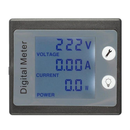 Peacefair Digital Meter for AC Voltage and Current Monitoring showing 222V voltage 0.00A current blue LCD display, full-angle visibility, overload alarm feature