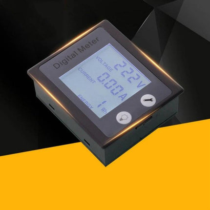 Peacefair Digital Meter for AC Voltage and Current Monitoring showing 222V voltage and 0.00A current on backlit display, ideal for household and workshop monitoring