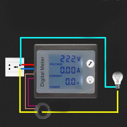 Peacefair Digital Meter for AC Voltage and Current Monitoring showing 222V, 0.00A display with wiring diagram and overload alarm indicators