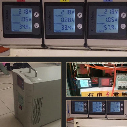 Peacefair Digital Meter for AC Voltage and Current Monitoring showing three panel displays monitoring voltage, current and power
