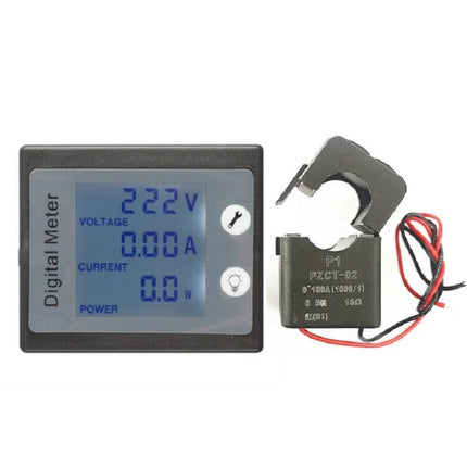 Peacefair Digital Meter for AC Voltage and Current Monitoring - backlit panel display showing 222V, 0.00A, clamp sensor for household and workshop monitoring