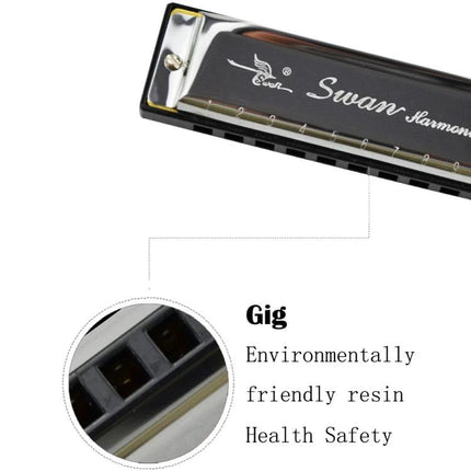 Swan Harmonica for Beginners' Everyday Music Sessions - close-up of black harmonica with multi-point base and resin mouthpiece