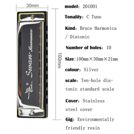Swan Harmonica for Beginners' Everyday Music Sessions silver 10-hole diatonic C tuning, compact 100x30x21mm harmonica for practice