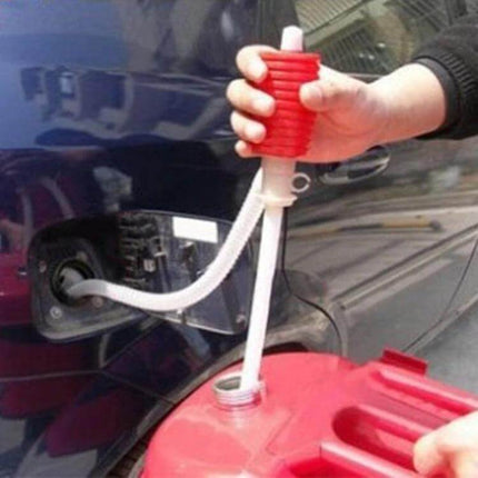 Red Manual Siphon Pump for Transferring Gas and Oil in Vehicles - hand pump transferring fuel from car tank to red jerry can