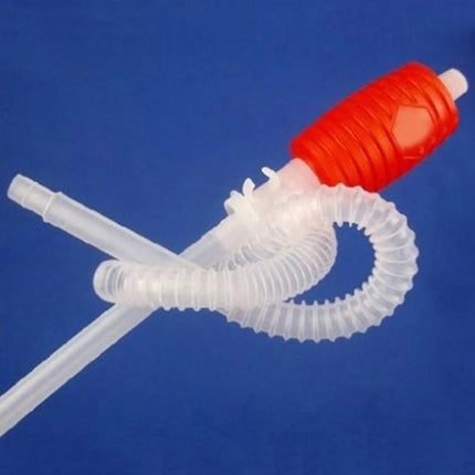 Red Manual Siphon Pump for Transferring Gas and Oil in Vehicles - red hand siphon pump with flexible clear hose for vehicle fuel and oil transfer