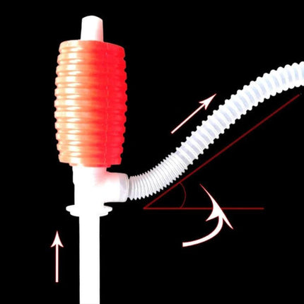 Red Manual Siphon Pump for Transferring Gas and Oil in Vehicles shown with red hand bulb and flexible hose for safe fuel transfer
