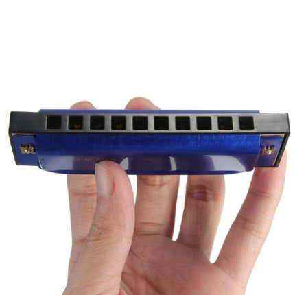 BEE's Compact Harmonica for Daily Music and Travel Use held in hand showing blue casing and front holes