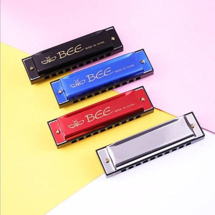 BEE's Compact Harmonica for Daily Music and Travel Use - four portable harmonicas in black, blue, red, and chrome for on-the-go practice