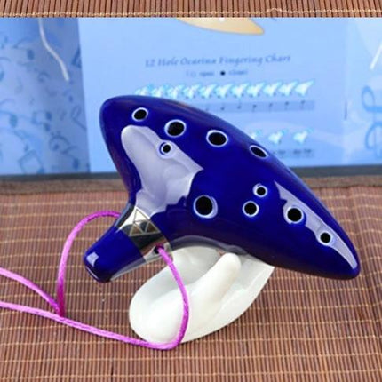 Ocarina for Beginner Musicians to Enjoy Music at Home - blue glazed ceramic 12-hole ocarina on stand for casual practice
