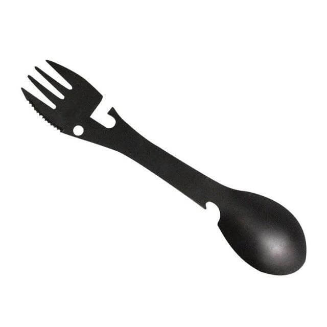 5 In 1 Outdoor Camping Tool Stainless Steel For Camping Trips compact black stainless spork with bottle and can opener for hiking and picnics