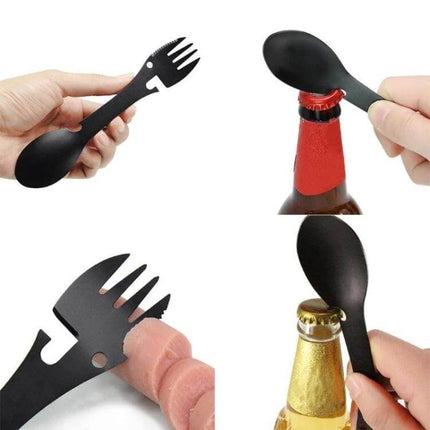5 In 1 Outdoor Camping Tool Stainless Steel For Camping Trips compact black spork with bottle and can opener for hikers and picnics