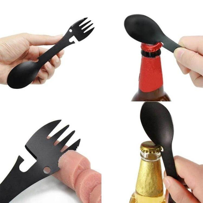 5 In 1 Outdoor Camping Tool Stainless Steel For Camping Trips - black compact spoon fork knife bottle opener can opener multi tool