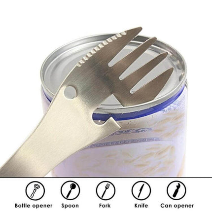 5 In 1 Outdoor Camping Tool Stainless Steel For Camping Trips compact stainless steel spoon fork knife bottle and can opener on can