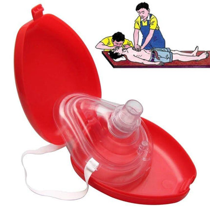 Emergency First Aid CPR Breathing Mask with One-Way Valve shown in red case with illustration of CPR use