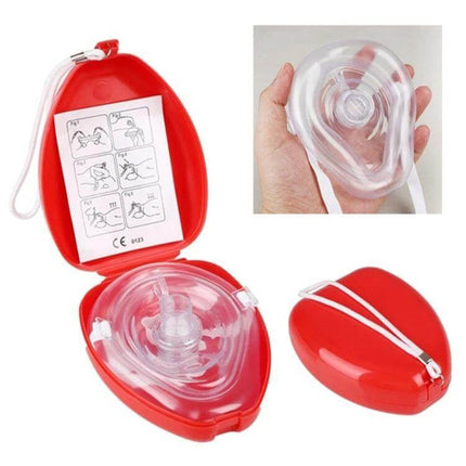 Emergency First Aid CPR Breathing Mask with One-Way Valve in red carrying case showing mask, valve and instructions