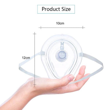 Emergency First Aid CPR Breathing Mask with One-Way Valve shown in hand with product size measurements 10cm x 12cm