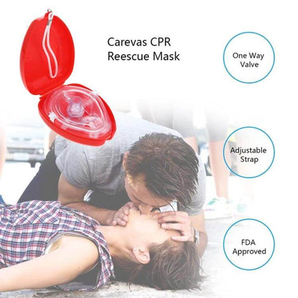 Emergency First Aid CPR Breathing Mask with One-Way Valve shown with red case, one-way valve, adjustable strap and CPR in action