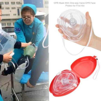Emergency First Aid CPR Breathing Mask with One-Way Valve shown in use and packed in red case