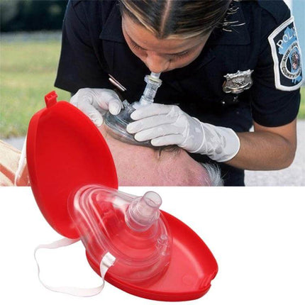 Emergency First Aid CPR Breathing Mask with One-Way Valve used by first responder demonstrating safe ventilation with one-way valve in red case