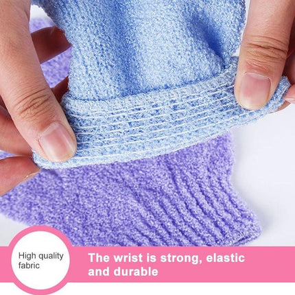 Colorful Shower Gloves for Daily Body Exfoliation and Massage - close-up of soft sponge fabric and elastic wrist showing texture and durability