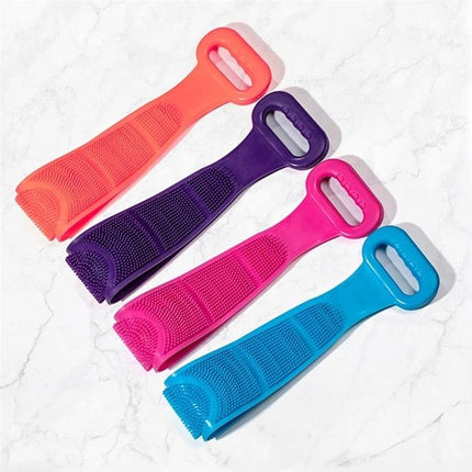 A Silicone Bath Brush for Everyday Skin Care Routines shown in four colorful silicone back brushes (orange, purple, pink, blue) on marble background