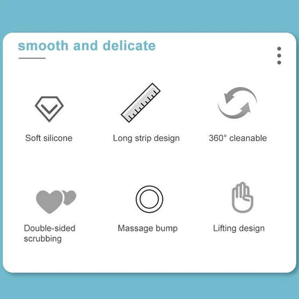 A Silicone Bath Brush for Everyday Skin Care Routines showing icons for soft silicone, long strip design, 360° cleanable, double-sided scrubbing, massage bump, lifting design