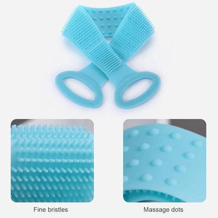A Silicone Bath Brush for Everyday Skin Care Routines - blue dual-handle silicone brush with fine bristles and massage dots