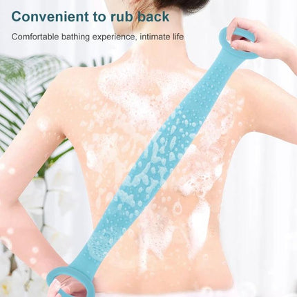 A Silicone Bath Brush for Everyday Skin Care Routines shown in use to cleanse and exfoliate the back with long-handled silicone scrubber