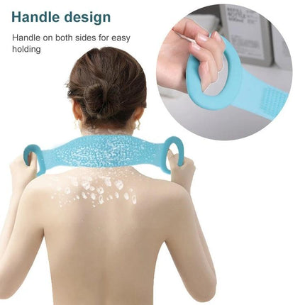 A Silicone Bath Brush for Everyday Skin Care Routines - blue double-handle silicone back scrubber shown used on back, close-up of ergonomic ring handle