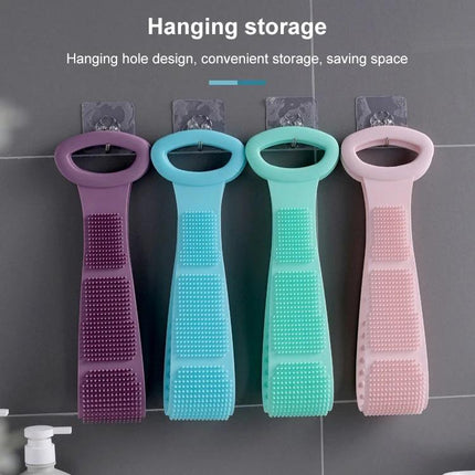 A Silicone Bath Brush for Everyday Skin Care Routines - four hanging silicone bath brushes in purple, blue, mint, and pink for gentle exfoliation