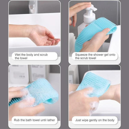 A Silicone Bath Brush for Everyday Skin Care Routines - blue silicone scrub towel showing steps: wet, apply gel, lather, gently wipe