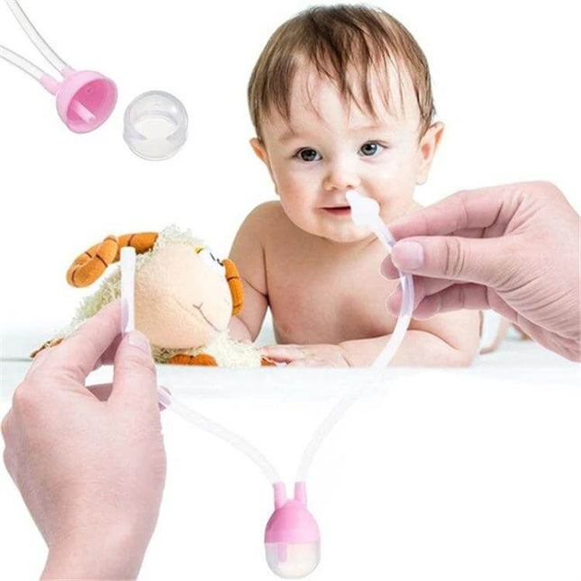 Baby Nasal Aspirator For Newborns And Infants Pink - gentle silicone tip nasal suction device shown with infant and pink aspirator